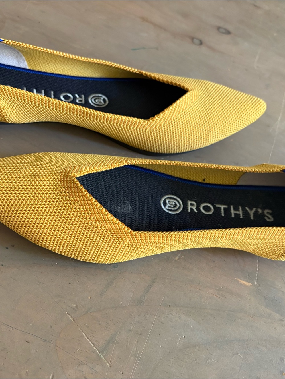 Rothy's Yellow Pointed Toe Knit Flats with Blue Trim - Picture 5 of 7